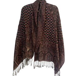 Pashmina Scarf Womens 65x28” Red Black Check Floral Fringe Boho Shawl Wrap